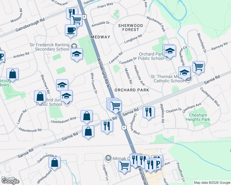 map of restaurants, bars, coffee shops, grocery stores, and more near 70 Brentwood Crescent in London