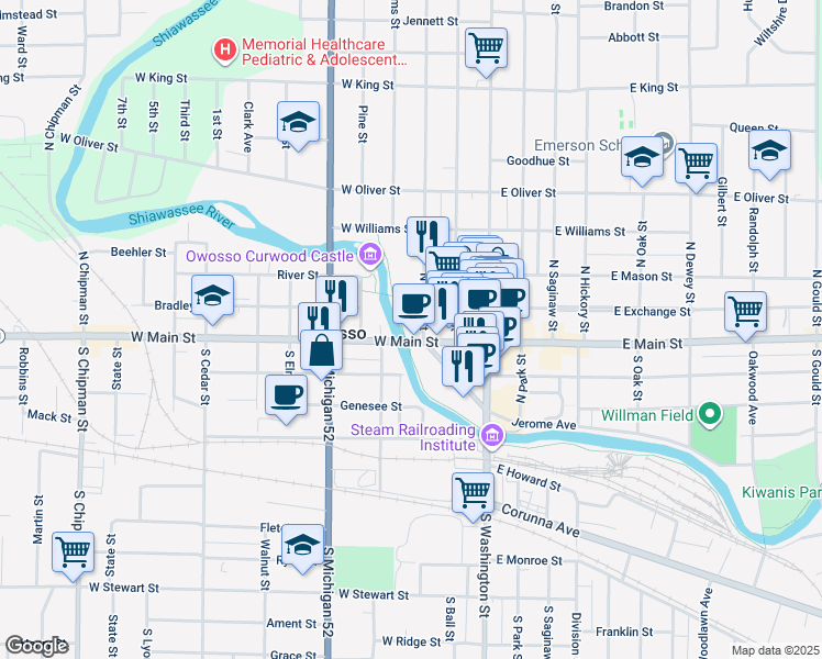 map of restaurants, bars, coffee shops, grocery stores, and more near 300 West Main Street in Owosso
