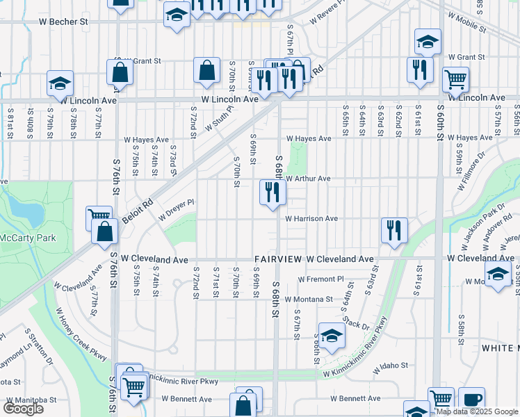 map of restaurants, bars, coffee shops, grocery stores, and more near 2562 South 69th Street in Milwaukee