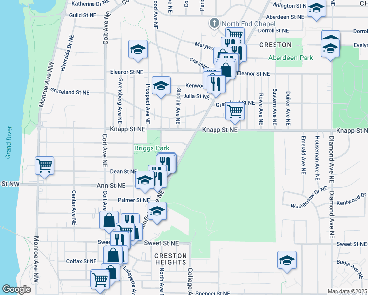 map of restaurants, bars, coffee shops, grocery stores, and more near 1919 Plainfield Avenue Northeast in Grand Rapids
