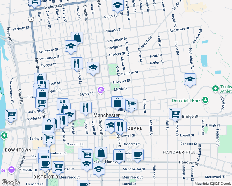 map of restaurants, bars, coffee shops, grocery stores, and more near 221 Orange Street in Manchester