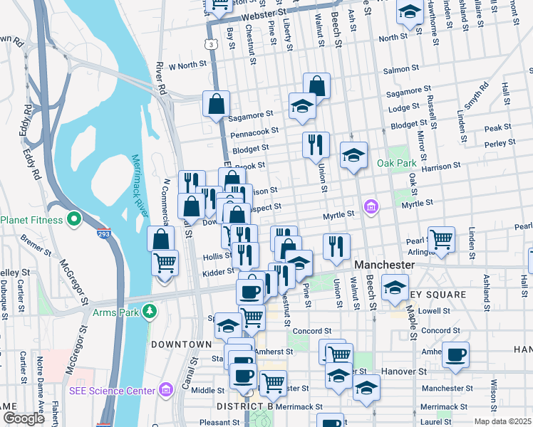 map of restaurants, bars, coffee shops, grocery stores, and more near 84 Myrtle Street in Manchester