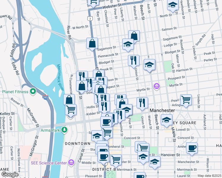 map of restaurants, bars, coffee shops, grocery stores, and more near 84 Myrtle Street in Manchester