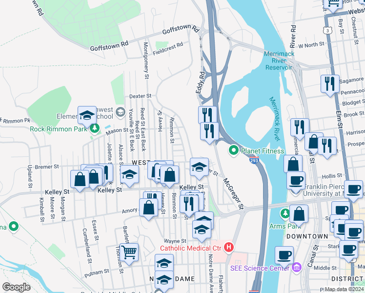 map of restaurants, bars, coffee shops, grocery stores, and more near 10 Quirin Street in Manchester