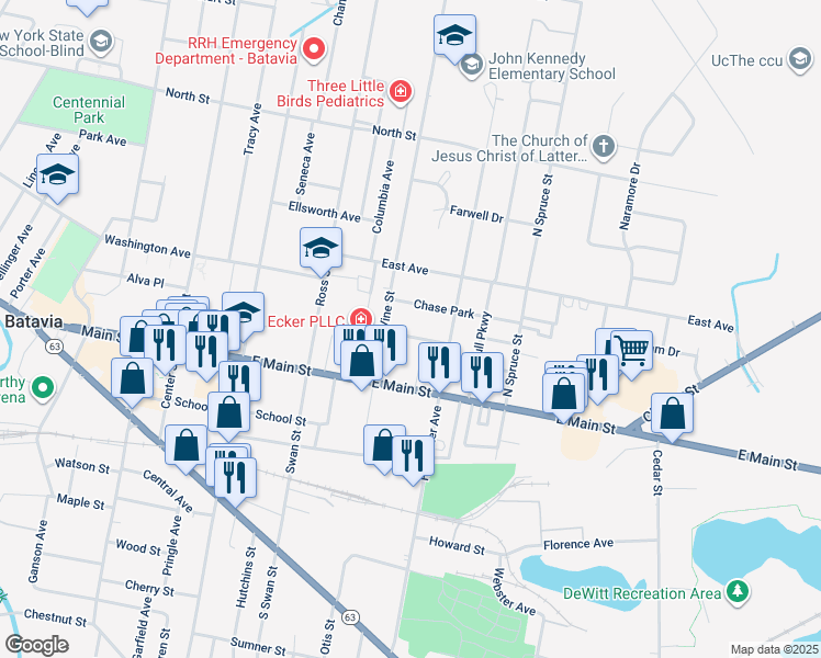map of restaurants, bars, coffee shops, grocery stores, and more near 12 Fisher Park in Batavia