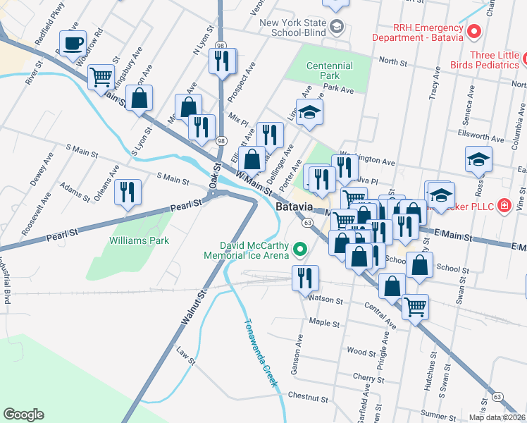 map of restaurants, bars, coffee shops, grocery stores, and more near 5-17 West Main Street in Batavia