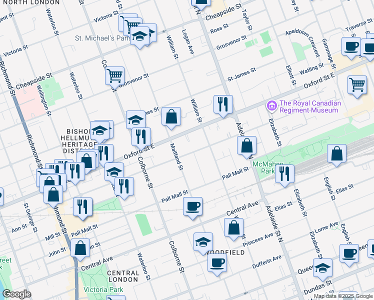 map of restaurants, bars, coffee shops, grocery stores, and more near 487 Piccadilly Street in London