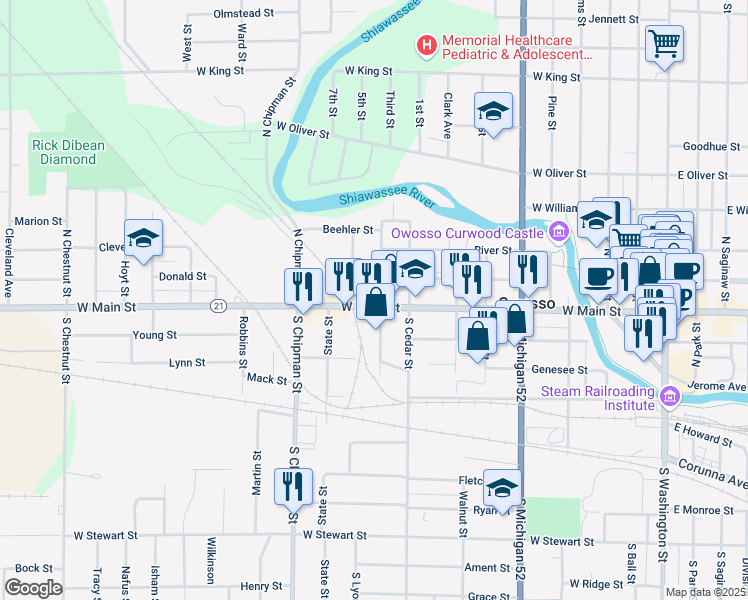 map of restaurants, bars, coffee shops, grocery stores, and more near 120 South Lansing Street in Owosso