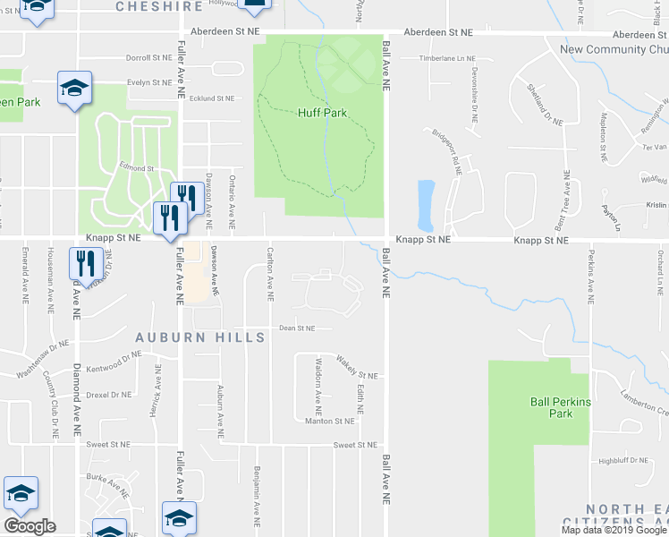 map of restaurants, bars, coffee shops, grocery stores, and more near 1513 Hidden Creek Circle Drive Northeast in Grand Rapids