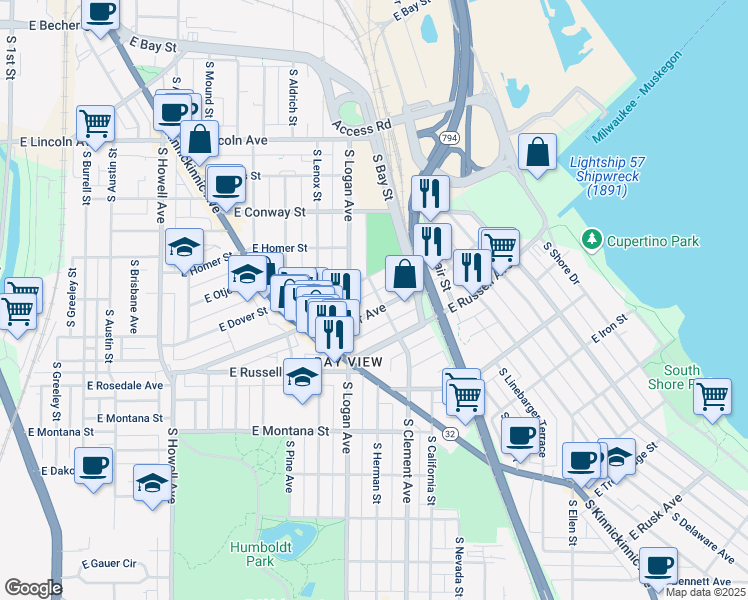 map of restaurants, bars, coffee shops, grocery stores, and more near 1043 East Potter Avenue in Milwaukee