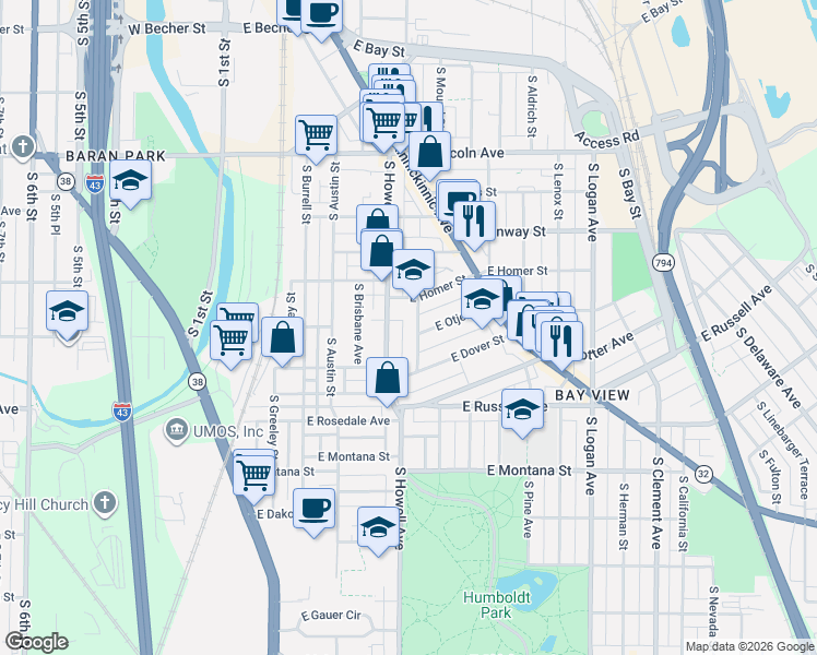 map of restaurants, bars, coffee shops, grocery stores, and more near 2562 South Howell Avenue in Milwaukee