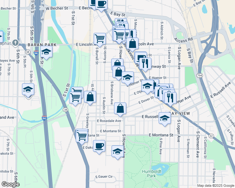 map of restaurants, bars, coffee shops, grocery stores, and more near 2562 South Howell Avenue in Milwaukee