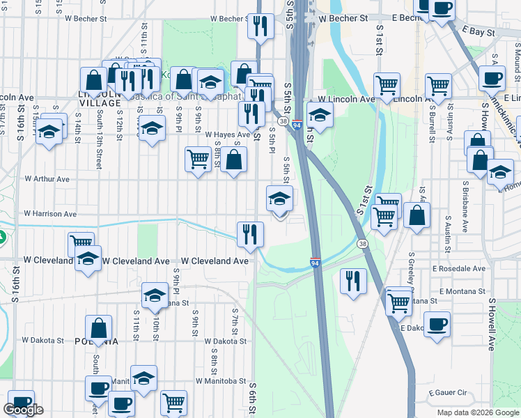 map of restaurants, bars, coffee shops, grocery stores, and more near 2602 South 5th Place in Milwaukee