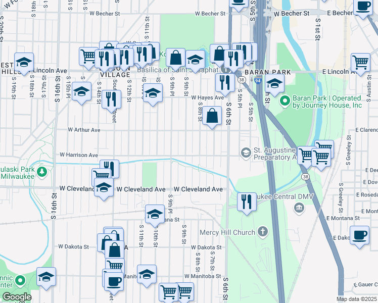 map of restaurants, bars, coffee shops, grocery stores, and more near 2605A South 9th Street in Milwaukee