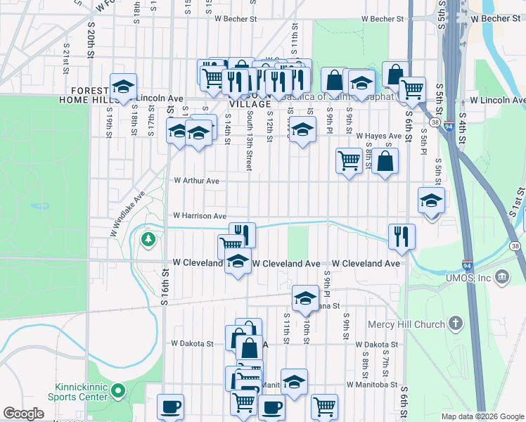 map of restaurants, bars, coffee shops, grocery stores, and more near 1123-1127 West Harrison Avenue in Milwaukee