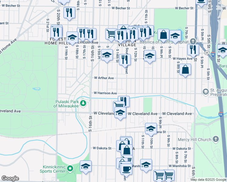 map of restaurants, bars, coffee shops, grocery stores, and more near 2603a South 14th Street in Milwaukee