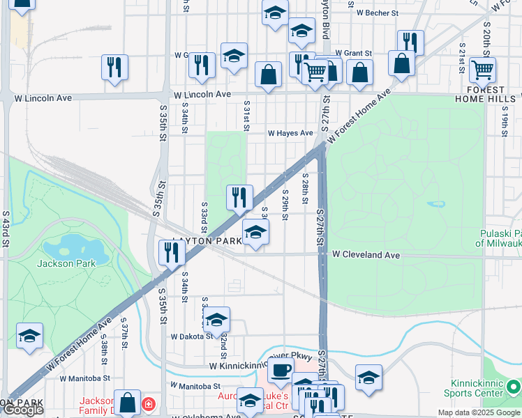 map of restaurants, bars, coffee shops, grocery stores, and more near 2600 South 31st Street in Milwaukee