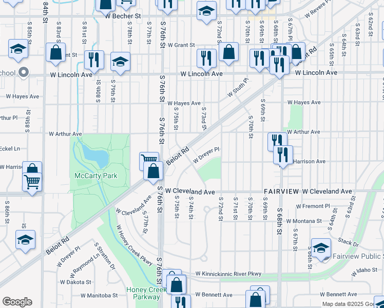 map of restaurants, bars, coffee shops, grocery stores, and more near 7341 West Dreyer Place in West Allis