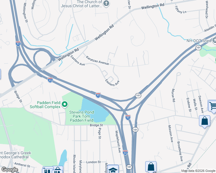 map of restaurants, bars, coffee shops, grocery stores, and more near 147 Eastern Avenue in Manchester