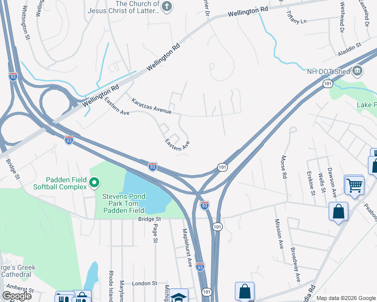 map of restaurants, bars, coffee shops, grocery stores, and more near 169 Eastern Avenue in Manchester