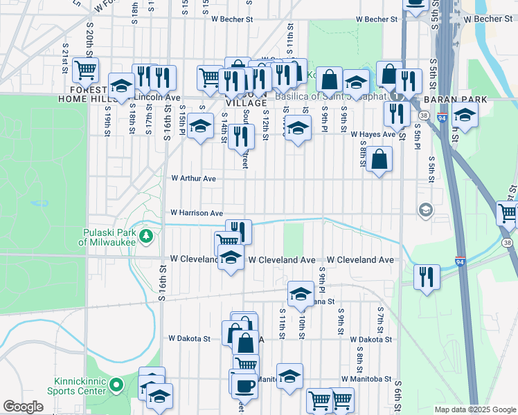 map of restaurants, bars, coffee shops, grocery stores, and more near 1123-1127 West Harrison Avenue in Milwaukee