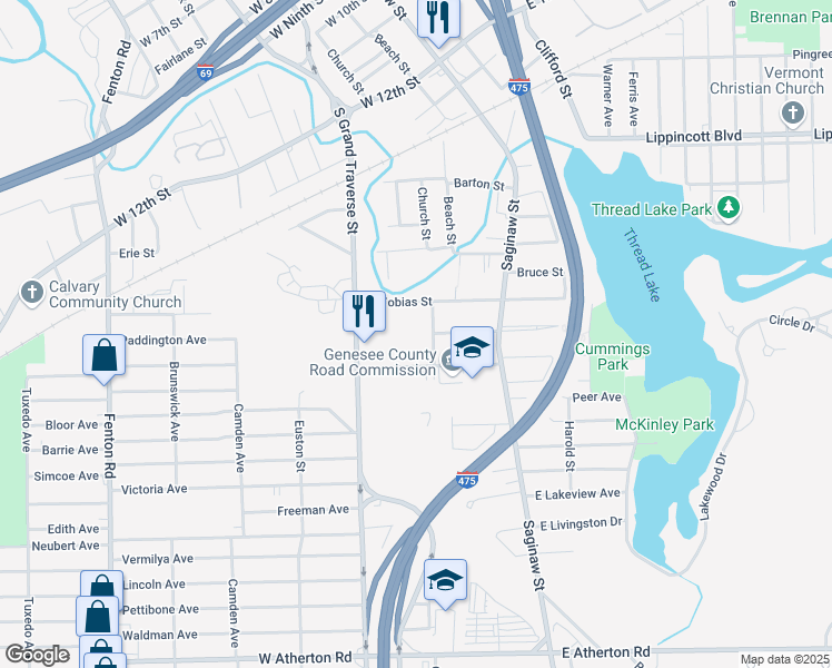 map of restaurants, bars, coffee shops, grocery stores, and more near 310 West Oakley Street in Flint