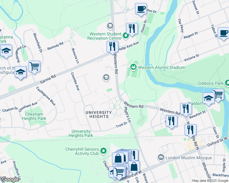 map of restaurants, bars, coffee shops, grocery stores, and more near 1095 Western Road in London