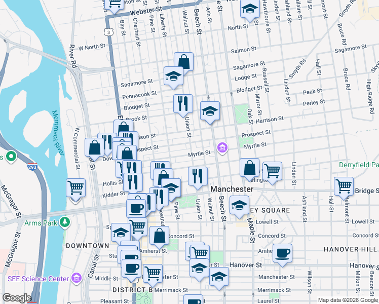 map of restaurants, bars, coffee shops, grocery stores, and more near 150 Myrtle Street in Manchester