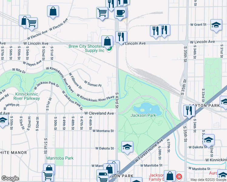 map of restaurants, bars, coffee shops, grocery stores, and more near 2541 South 43rd Street in Milwaukee