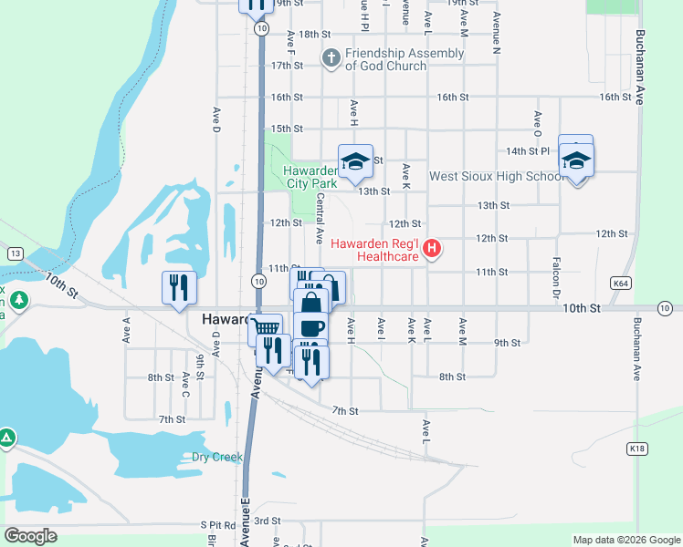 map of restaurants, bars, coffee shops, grocery stores, and more near 714 11th Street in Hawarden