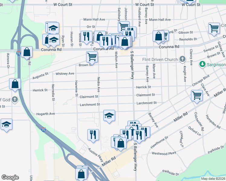 map of restaurants, bars, coffee shops, grocery stores, and more near 3814 Clairmont Street in Flint