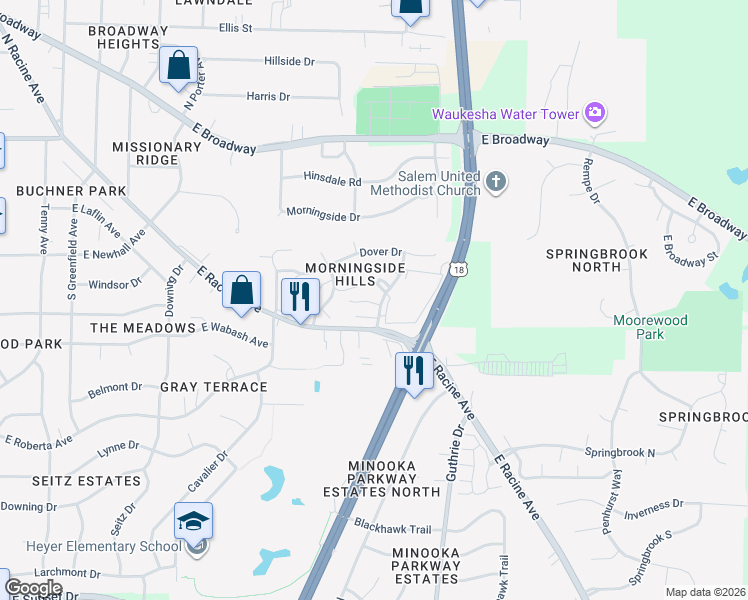 map of restaurants, bars, coffee shops, grocery stores, and more near 412 Sheffield Road in Waukesha