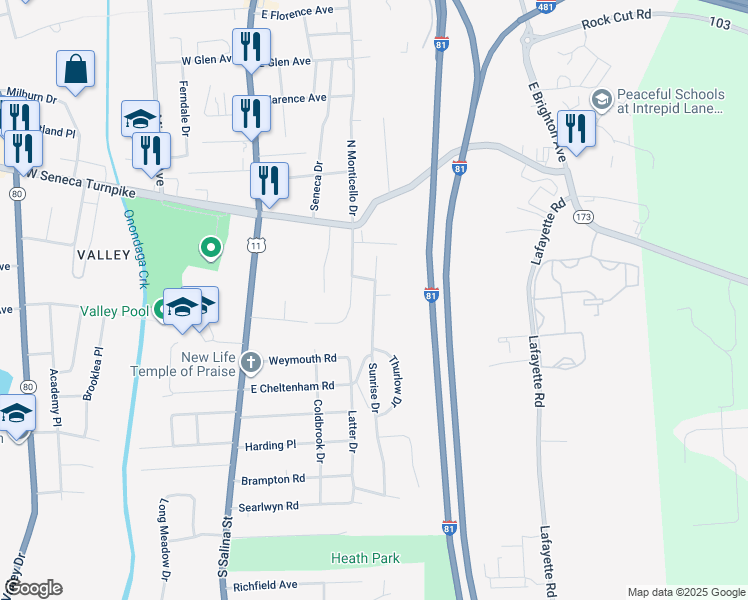 map of restaurants, bars, coffee shops, grocery stores, and more near in Syracuse