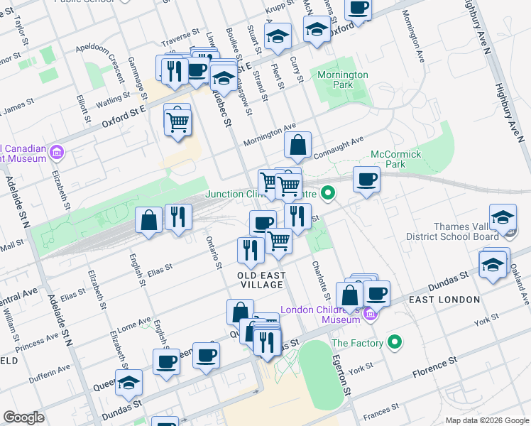 map of restaurants, bars, coffee shops, grocery stores, and more near 580 Quebec Street in London