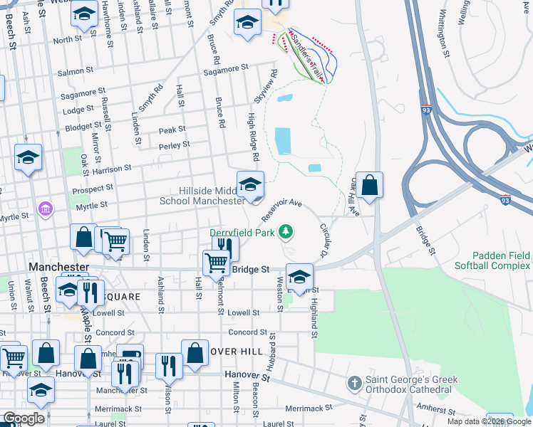 map of restaurants, bars, coffee shops, grocery stores, and more near 112 Reservoir Avenue in Manchester