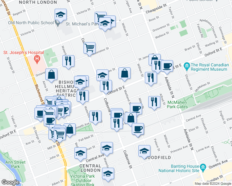 map of restaurants, bars, coffee shops, grocery stores, and more near 750 Colborne Street in London