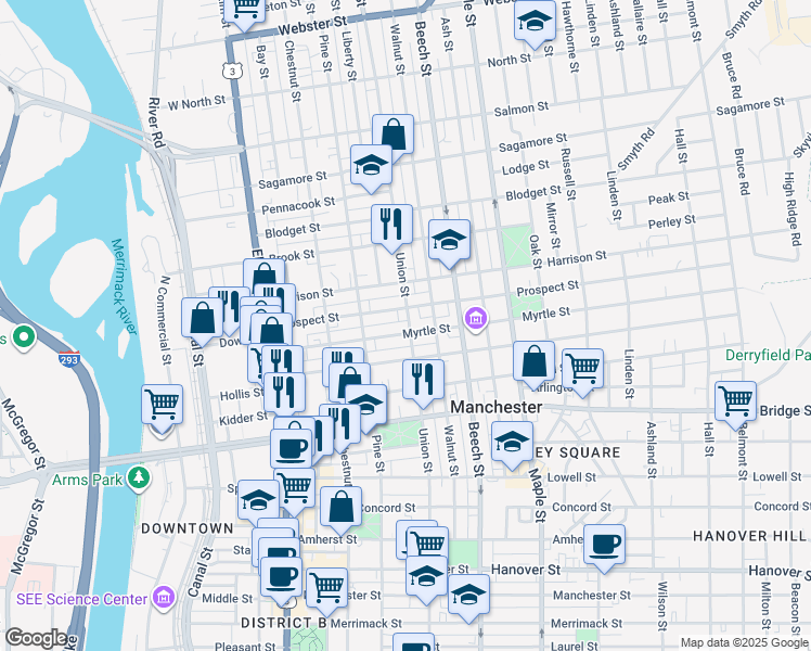 map of restaurants, bars, coffee shops, grocery stores, and more near 143 Myrtle Street in Manchester