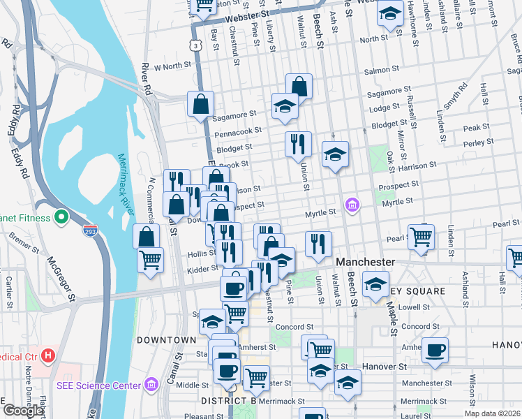 map of restaurants, bars, coffee shops, grocery stores, and more near 84 Myrtle Street in Manchester