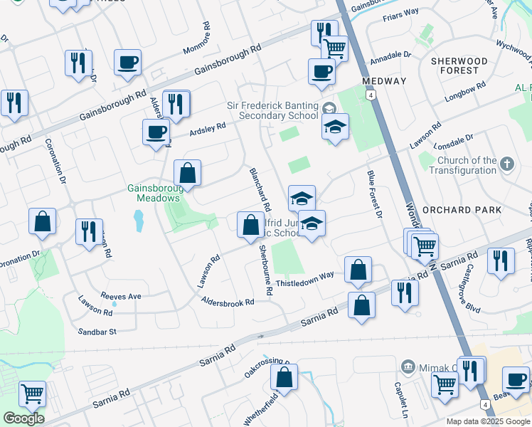 map of restaurants, bars, coffee shops, grocery stores, and more near 12 Blanchard Crescent in London