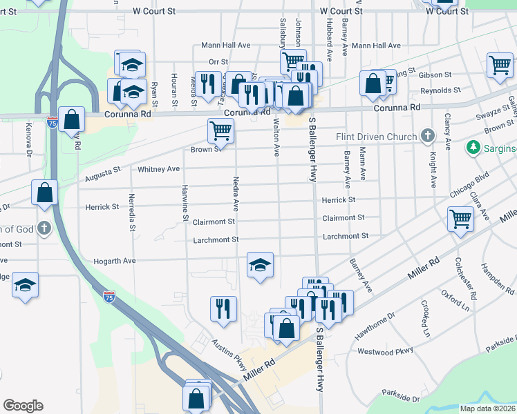 map of restaurants, bars, coffee shops, grocery stores, and more near 3814 Clairmont Street in Flint