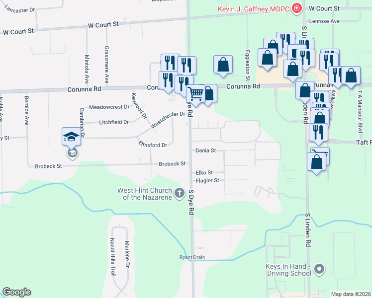 map of restaurants, bars, coffee shops, grocery stores, and more near 2157 South Dye Road in Flint