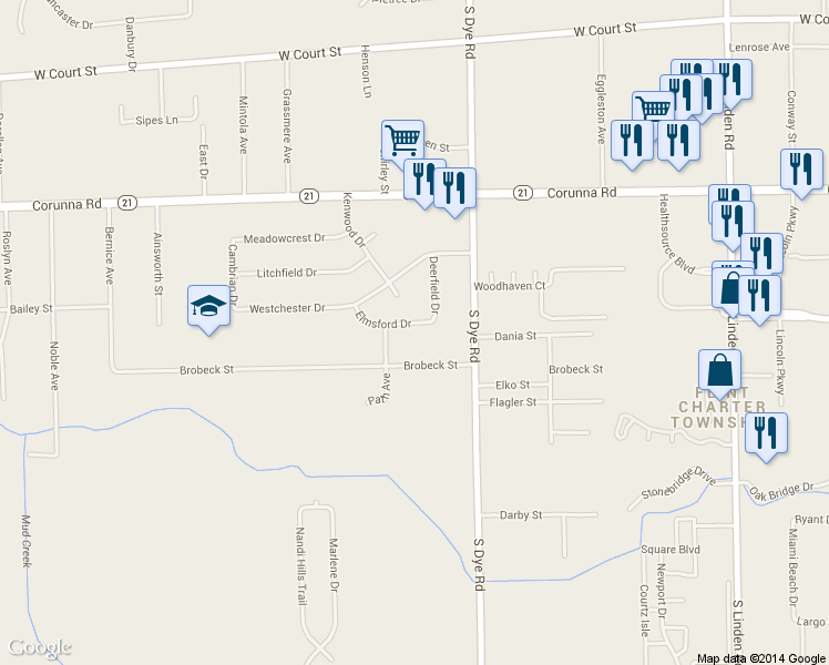 map of restaurants, bars, coffee shops, grocery stores, and more near 5340 Brobeck Street in Flint
