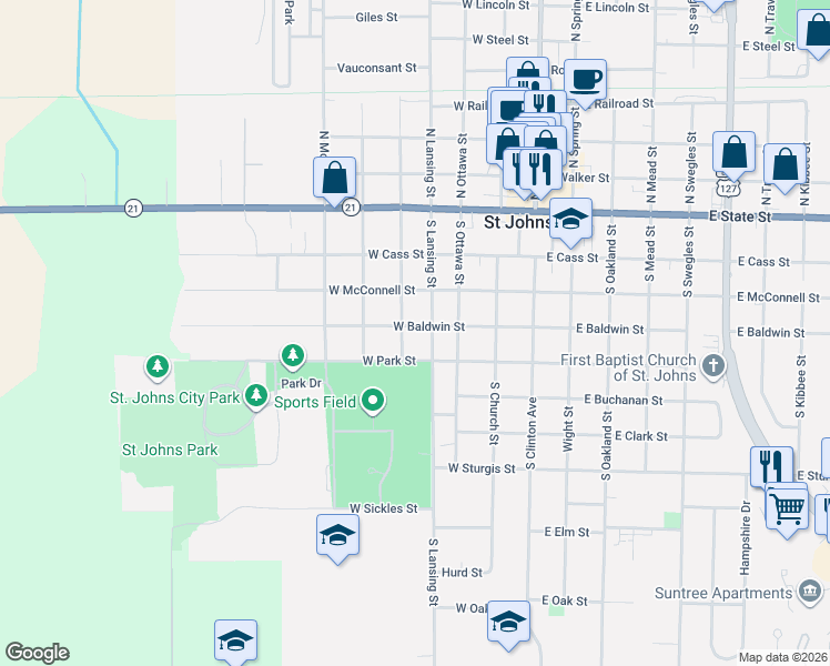 map of restaurants, bars, coffee shops, grocery stores, and more near 406 South Lansing Street in Saint Johns