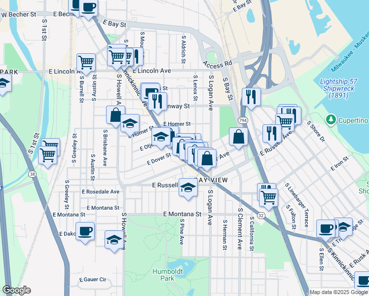 map of restaurants, bars, coffee shops, grocery stores, and more near in Milwaukee