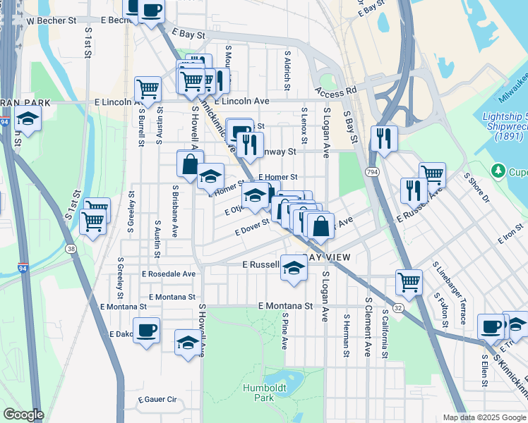 map of restaurants, bars, coffee shops, grocery stores, and more near 2605 South Kinnickinnic Avenue in Milwaukee