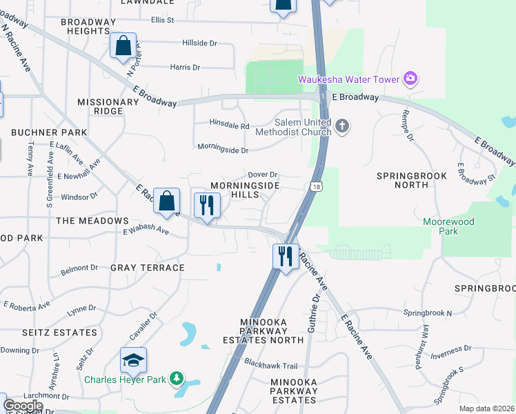 map of restaurants, bars, coffee shops, grocery stores, and more near 412 Sheffield Road in Waukesha