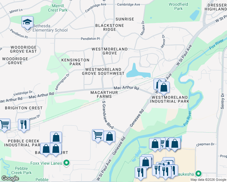 map of restaurants, bars, coffee shops, grocery stores, and more near 1201 South Grandview Boulevard in Waukesha