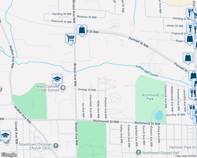 map of restaurants, bars, coffee shops, grocery stores, and more near 1323 Preston Ridge Street Northwest in Grand Rapids