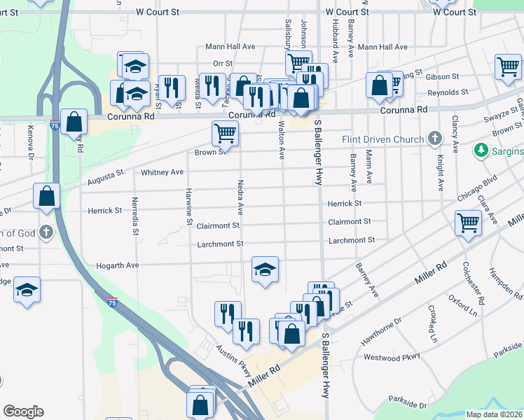 map of restaurants, bars, coffee shops, grocery stores, and more near 3905 Herrick Street in Flint