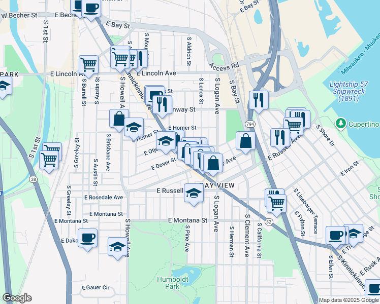 map of restaurants, bars, coffee shops, grocery stores, and more near in Milwaukee